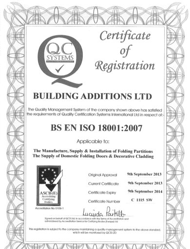 Building Additions BS EN ISO 18001 2007 certificate