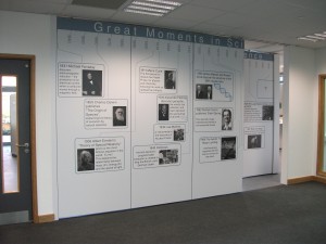 moveable wall sliding room divider in a school with printed graphics on the panels